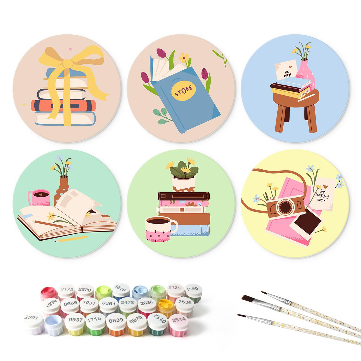 Ribbon-Tied Books and Posies mini board kit – the 6 designs with the paint pots and brushes