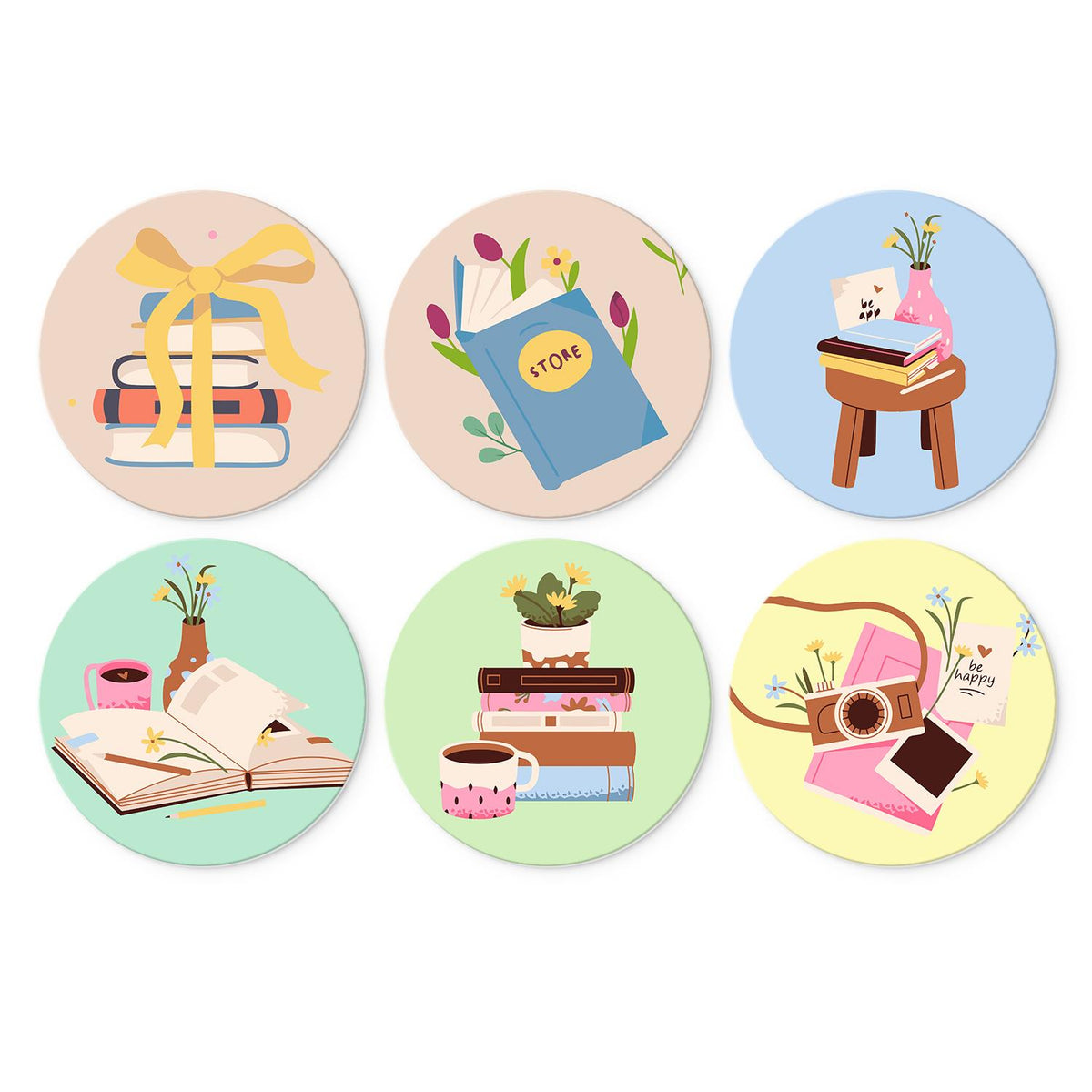 Ribbon-Tied Books and Posies mini board kit – Book stacks with a yellow ribbon, flowers in vases, a stool, a coffee mug, and a camera with pink letters