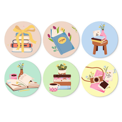 Ribbon-Tied Books and Posies mini board kit – Book stacks with a yellow ribbon, flowers in vases, a stool, a coffee mug, and a camera with pink letters