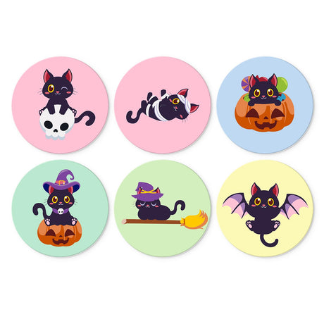 Pastel Spooky Kitten Capers mini board kit – Black kittens on pastels: on a skull, in a skeleton suit, in pumpkins, in a witch hat, on a broom, with bat wings