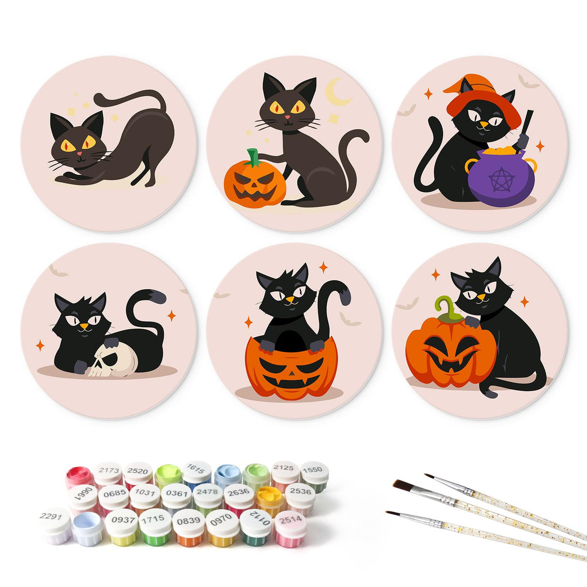 Black Cats and Jack-O'-Lanterns mini board kit – the 6 designs with the paint pots and brushes