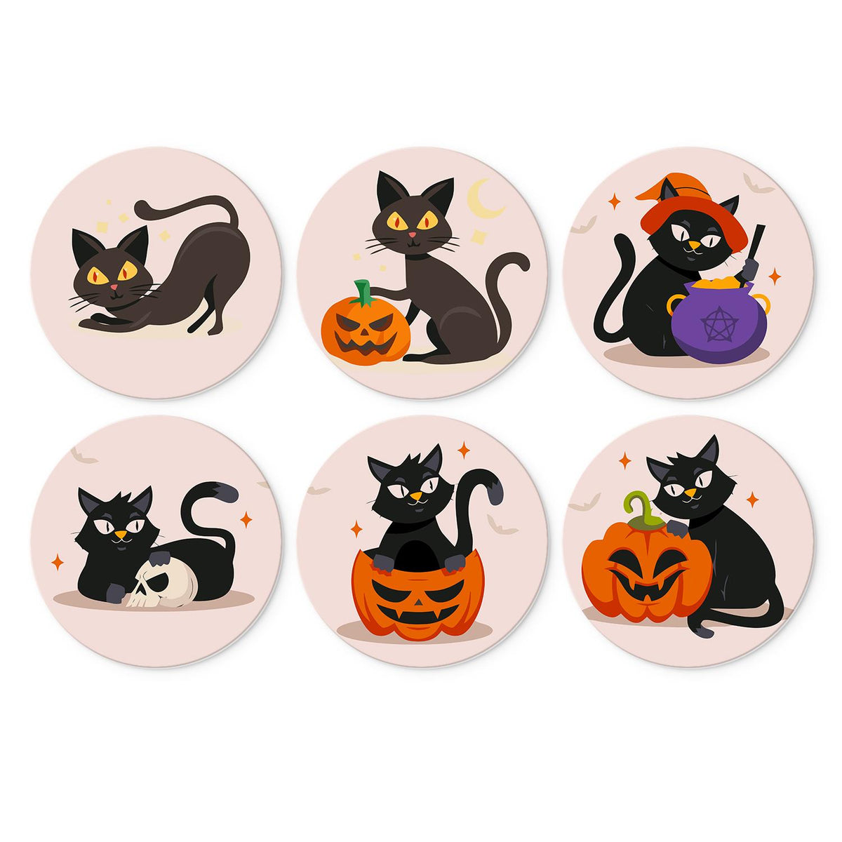 Black Cats and Jack-O'-Lanterns mini board kit – Black cats on blush pink with jack-o'-lanterns, a witch hat and cauldron, a skull and a pumpkin