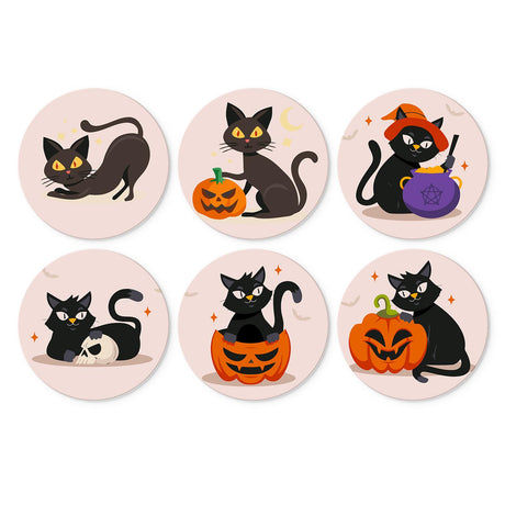 Black Cats and Jack-O'-Lanterns mini board kit – Black cats on blush pink with jack-o'-lanterns, a witch hat and cauldron, a skull and a pumpkin