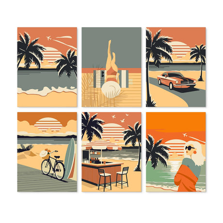 Palm-Lined Retro Sunset Drive mini board kit – Retro sunset beach scenes: palm trees, a swimmer, a red vintage car, a bicycle, a beach bar and a woman in a towel