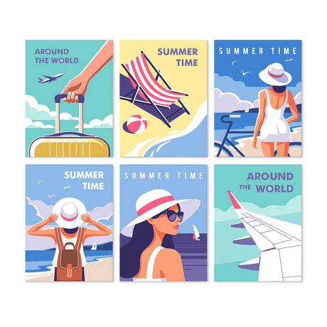 Sun Hat and Suitcase Summer mini board kit – Summer travel posters: suitcase and plane, striped deckchair, women in sun hats by the sea, and an airplane wing