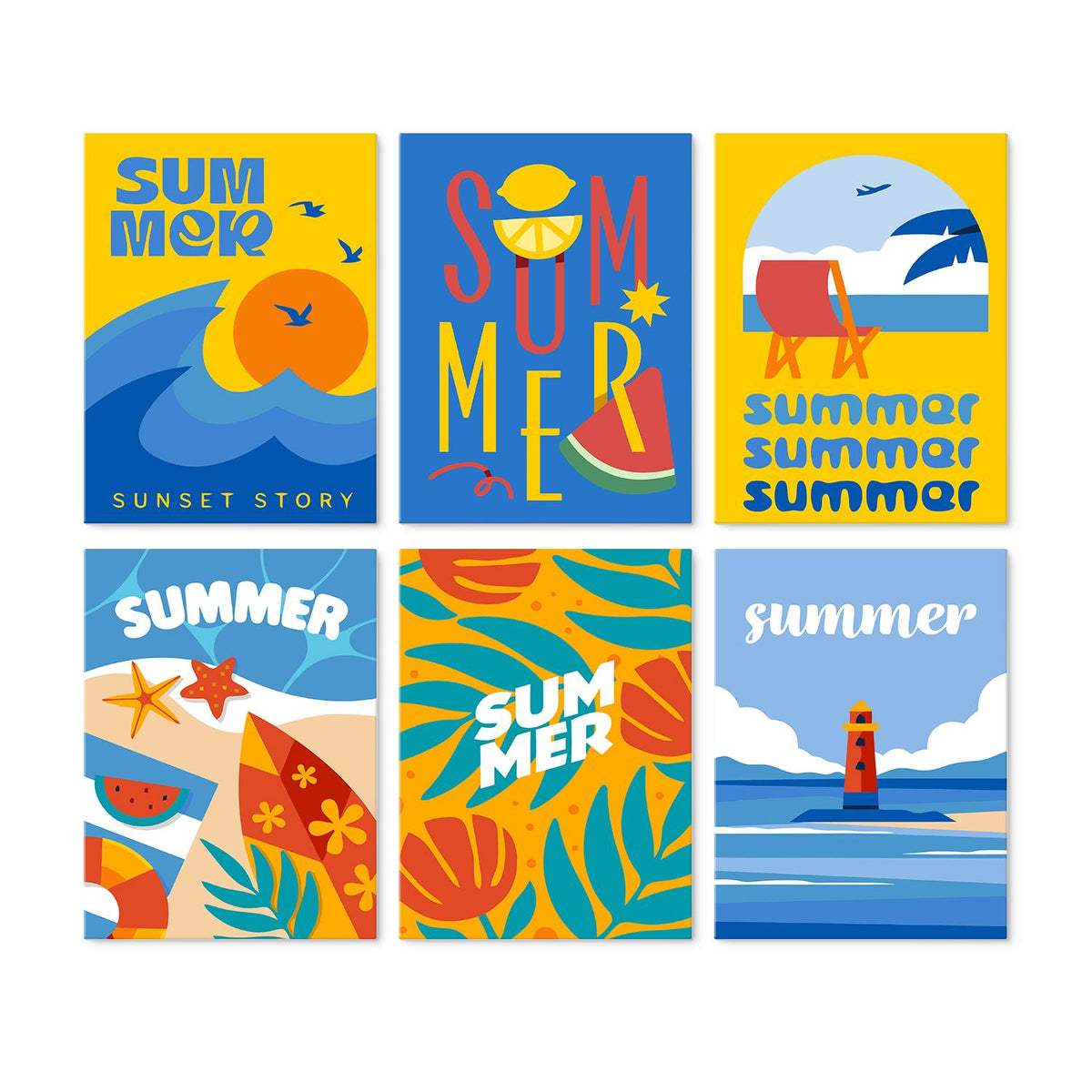 Bold Summer Type Posters mini board kit – Summer lettering posters: a sunset wave, lemon and watermelon, a deckchair, beach toys, leaves, a lighthouse