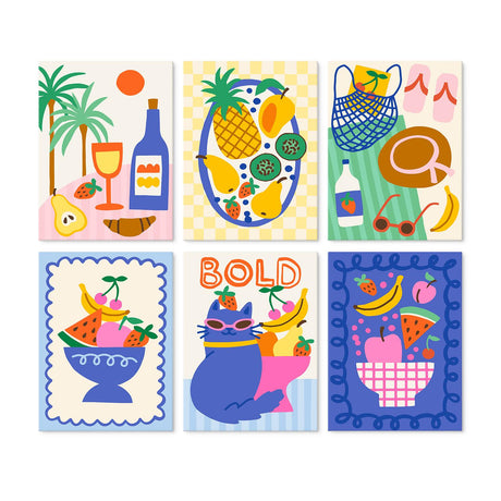 Sunglasses Cat Fruit Picnic mini board kit – Fruit still lifes: wine and palms, a pineapple platter, a beach bag, fruit bowls and a cat in sunglasses