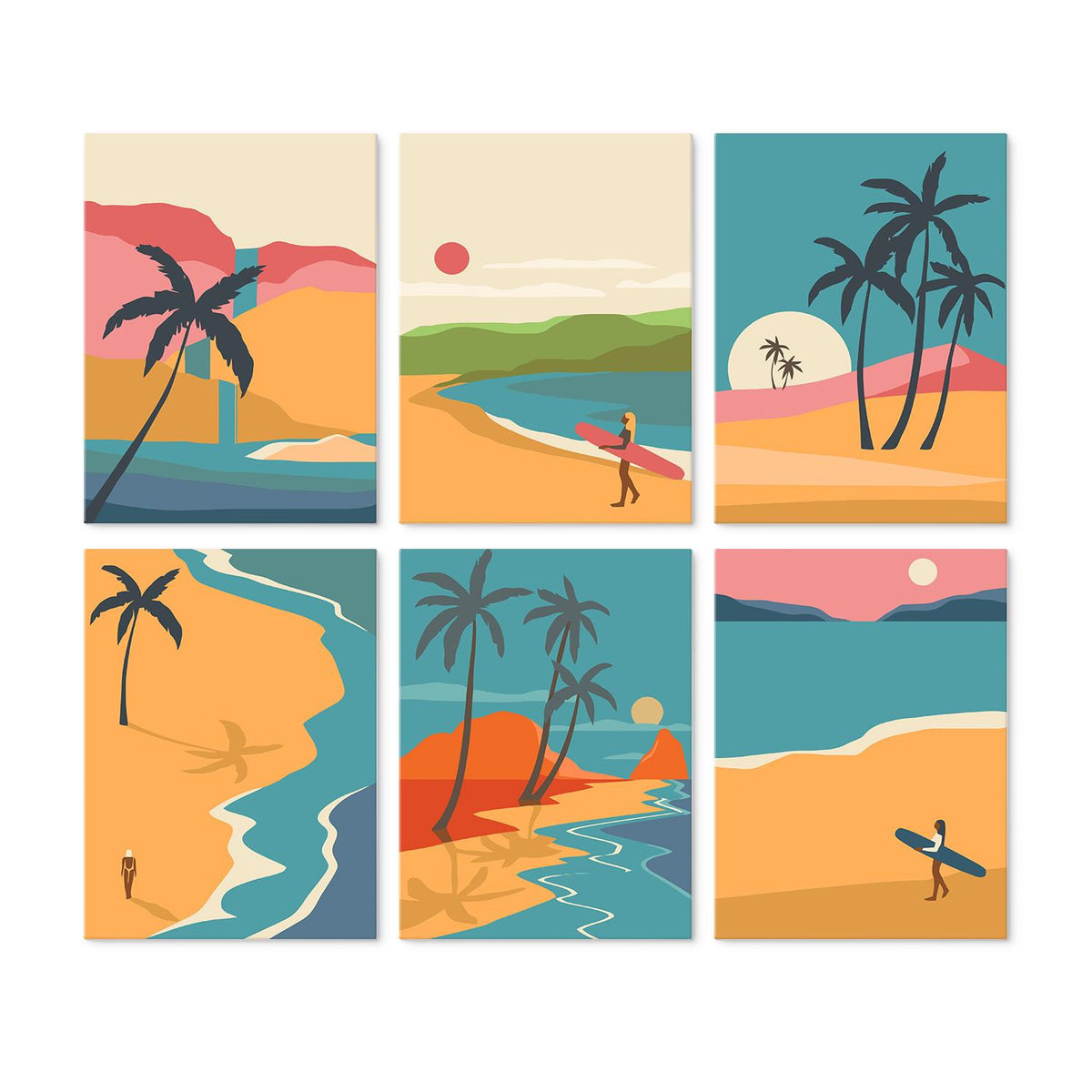 Lone Surfer Palm Shores mini board kit – Simple beach scenes in teal, sand and coral: palm trees, sunsets, curving shores and surfers walking