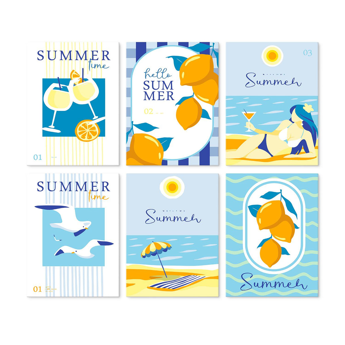 Seagulls and Lemon Spritz mini board kit – Summer posters: lemon cocktails, lemons, a sunbather, seagulls, a beach umbrella and lemons on waves