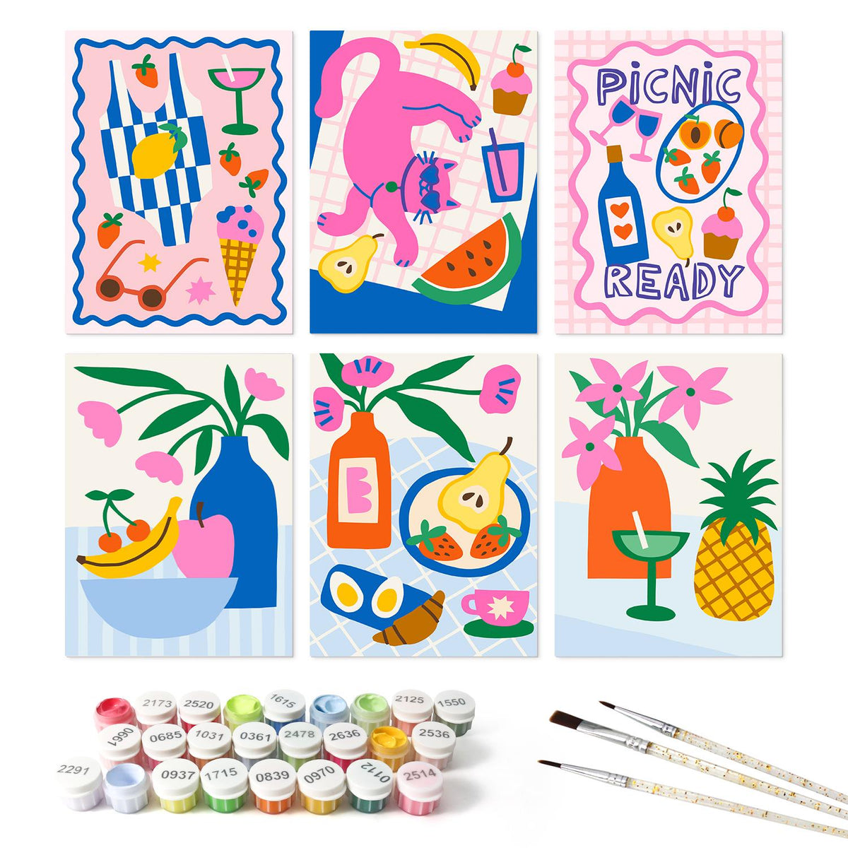 Picnic Ready Fruit and Vases mini board kit – the 6 designs with the paint pots and brushes