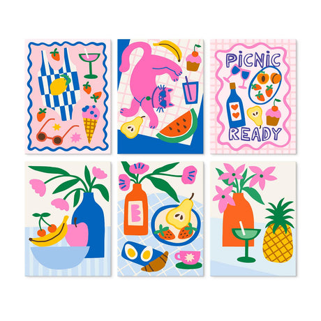 Picnic Ready Fruit and Vases mini board kit – Picnic still lifes: a blanket spread, a pink cat with watermelon, wine and fruit, flower vases and a pineapple