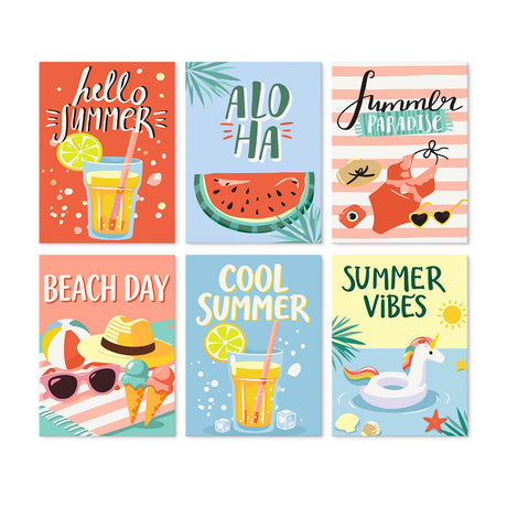 Unicorn Float Summer Vibes mini board kit – Summer posters: lemonade, watermelon, swimsuit and sunglasses, beach hat and ice cream, iced drink, unicorn float