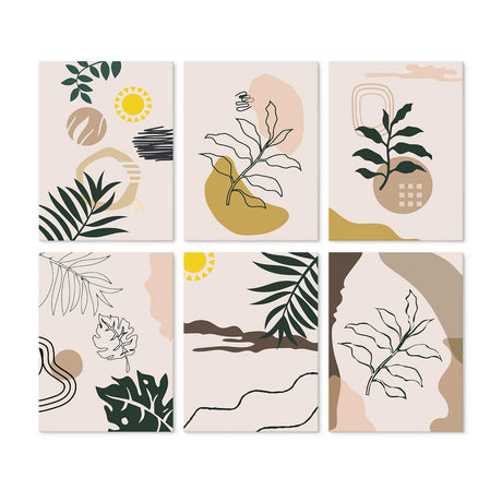 Beige Line-Art Palm Leaves mini board kit – Neutral boho line art: palm leaves and sun, leaf sketches, a potted plant, monstera outlines and soft hills