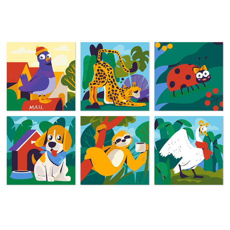 Mail Pigeon and Sloth Friends mini board kit – Pigeon on a mailbox, spotted wildcat stretching, ladybug, beagle by a doghouse, sloth with coffee and a goose
