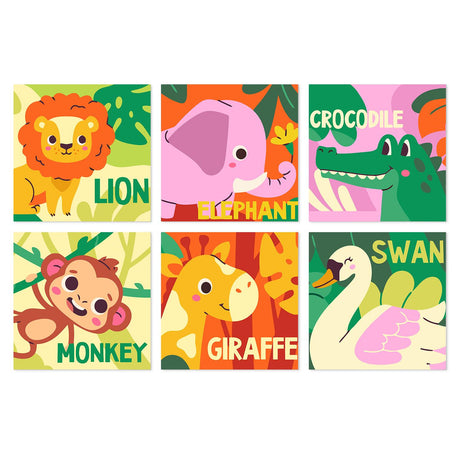 Labeled Safari Animal Faces mini board kit – Bold cartoon lion, pink elephant, crocodile, monkey, giraffe and swan with their names in big letters