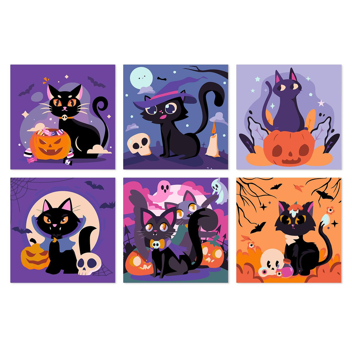 Pumpkin and Skull Black Cats mini board kit – Black cats with jack-o'-lanterns, skulls, a witch hat and bats under moons on purple and orange
