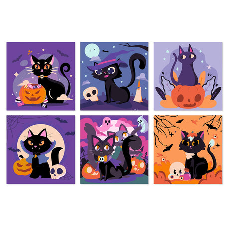 Pumpkin and Skull Black Cats mini board kit – Black cats with jack-o'-lanterns, skulls, a witch hat and bats under moons on purple and orange
