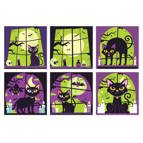 Lime Moon Windowsill Cats mini board kit – Black cats sitting in arched windows before a glowing green full moon, with candles, skulls and bare branches