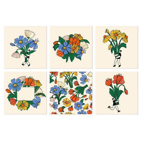 Tiny Folk Carrying Bouquets mini board kit – Tiny figures carrying huge bouquets of blue, yellow and red flowers, plus a floral wreath and pattern on cream