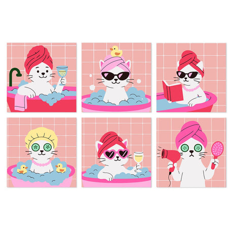 Pink Tile Cat Spa Day mini board kit – White cats in a pink bathtub with towel turbans, sunglasses, rubber ducks, eye masks, wine and a hair dryer
