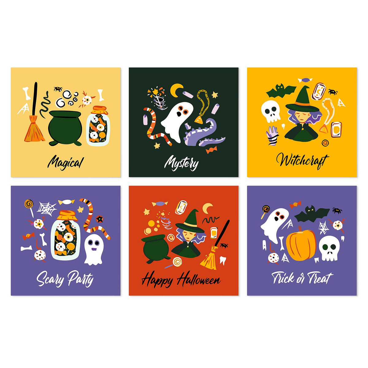 Witch's Cauldron Spooky Party mini board kit – Halloween designs with a cauldron, broom, potions, ghosts, a witch, skulls and pumpkins with spooky lettering
