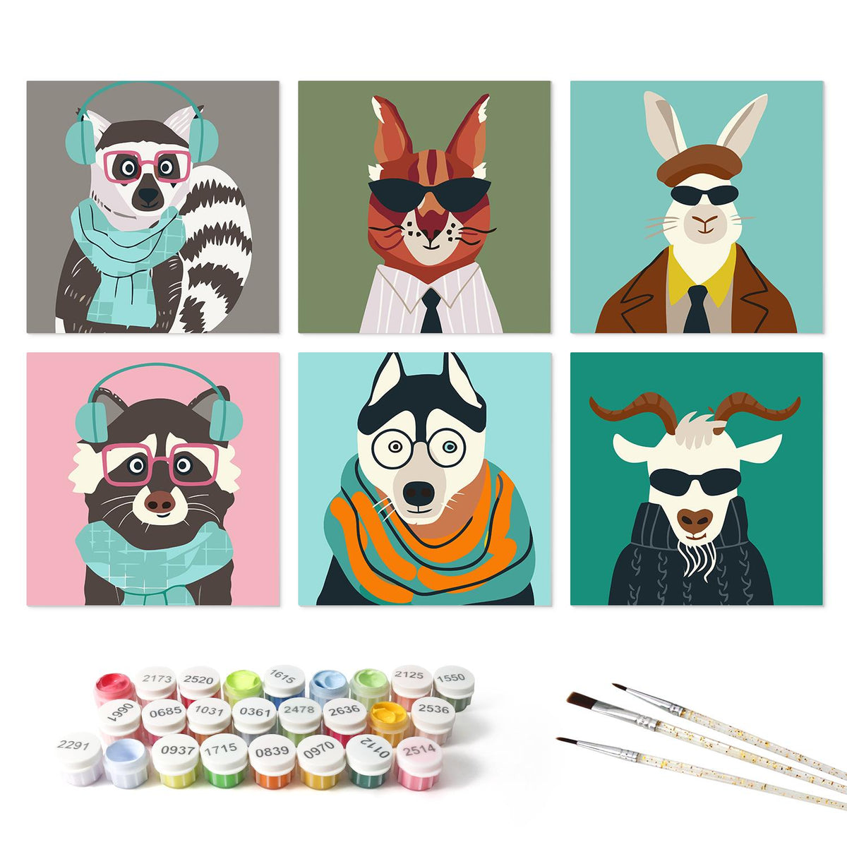 Hipster Animals in Shades mini board kit – the 6 designs with the paint pots and brushes