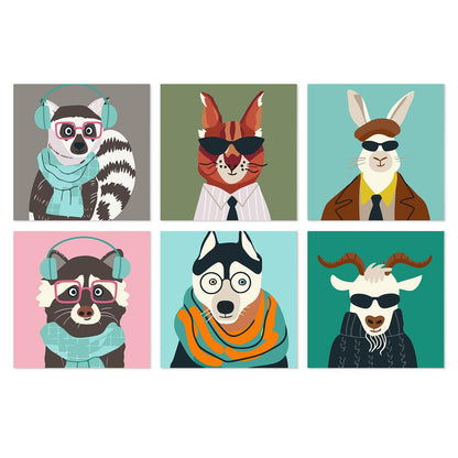 Hipster Animals in Shades mini board kit – Animal portraits: lemur in earmuffs, fox in a suit, rabbit in a cap, raccoon in headphones, husky and goat in shades