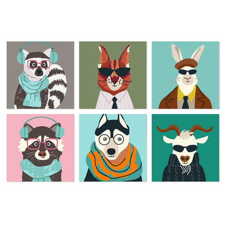 Hipster Animals in Shades mini board kit – Animal portraits: lemur in earmuffs, fox in a suit, rabbit in a cap, raccoon in headphones, husky and goat in shades