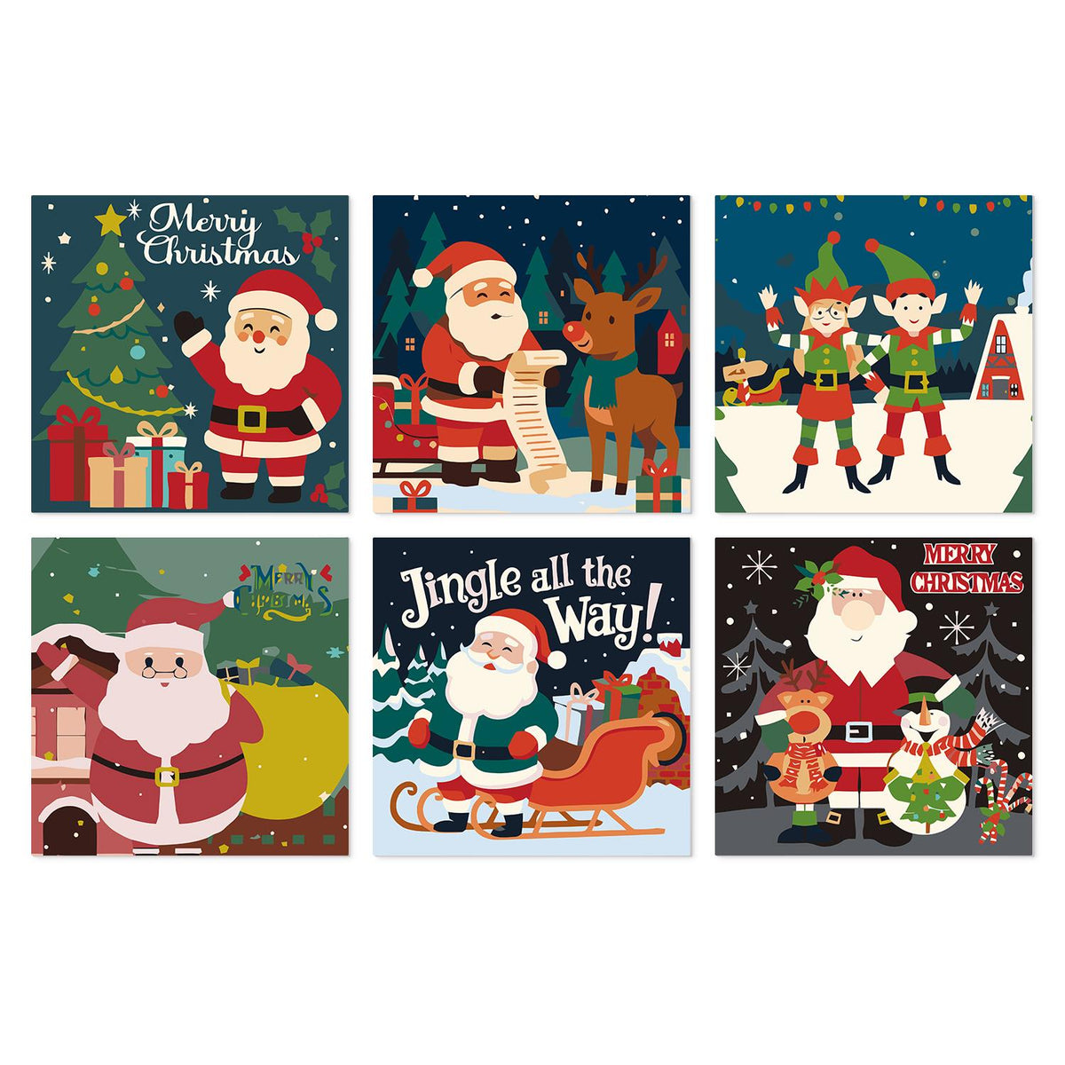 Santa's List and Busy Elves mini board kit – Santa by a tree, reading his list with reindeer, dancing elves, carrying his sack, in his sleigh and with a snowman