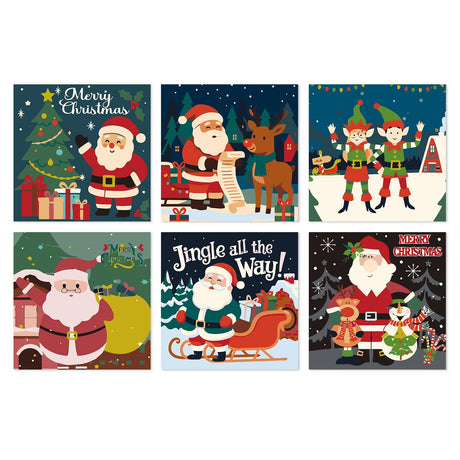 Santa's List and Busy Elves mini board kit – Santa by a tree, reading his list with reindeer, dancing elves, carrying his sack, in his sleigh and with a snowman