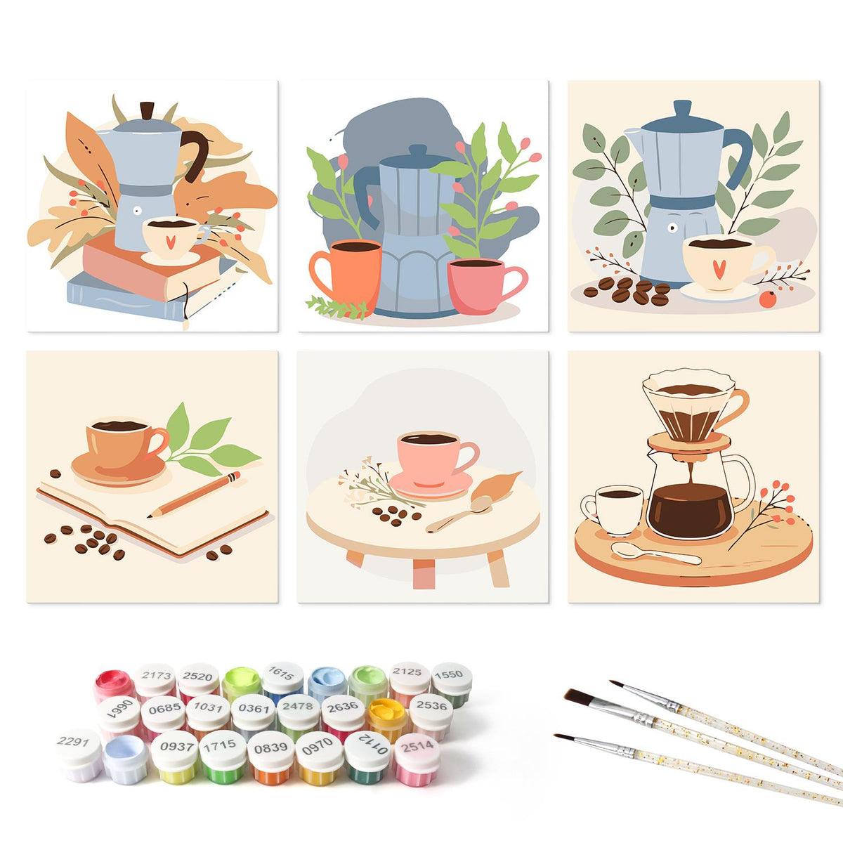 Moka Pot Morning Brew mini board kit – the 6 designs with the paint pots and brushes