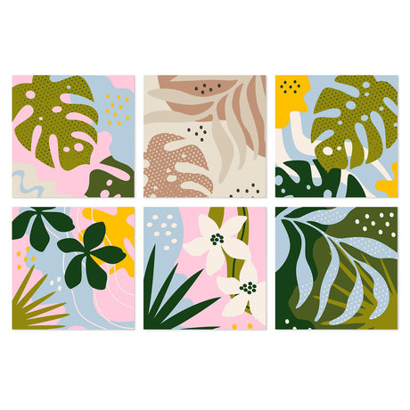 Pastel Monstera Leaf Collage mini board kit – Abstract tropical leaves and monstera shapes in olive, dark green, pink, blue and cream with dots