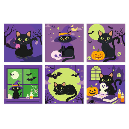 Spellbook and Candle Black Cats mini board kit – Black cats on purple nights with bare trees, a witch hat, pumpkins, bats, a green moon, a ghost and candles