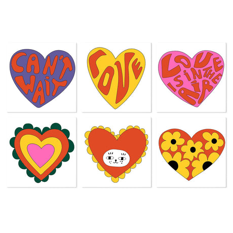 Seventies Lettered Love Hearts mini board kit – Retro hearts with bubbly Love and Can't Wait lettering, scalloped edges, a cat face and yellow daisies