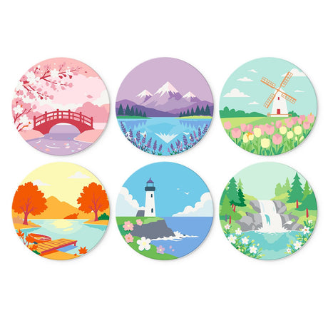 Windmill and Lighthouse Vistas mini board kit – Landscapes: cherry blossom bridge, purple mountain lake, windmill with tulips, autumn lake, lighthouse, waterfall