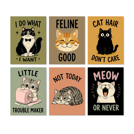 Cat Hair Don't Care Slogans mini board kit – Cheeky cats with funny slogans: a tuxedo cat, a ginger tabby, a black cat, a kitten and two sulky tabbies