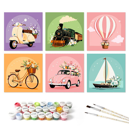 Flower-Laden Vintage Journeys mini board kit – the 6 designs with the paint pots and brushes