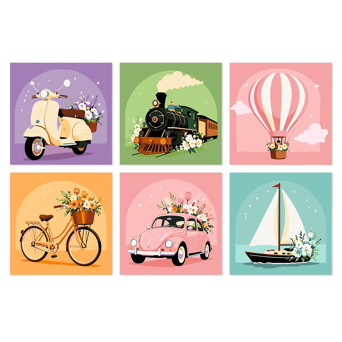 Flower-Laden Vintage Journeys mini board kit – Vintage scooter, steam train, hot air balloon, bicycle, pink classic car and sailboat, each decked with flowers