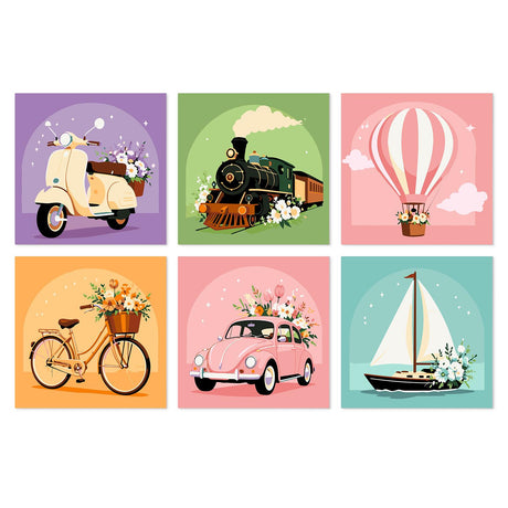Flower-Laden Vintage Journeys mini board kit – Vintage scooter, steam train, hot air balloon, bicycle, pink classic car and sailboat, each decked with flowers