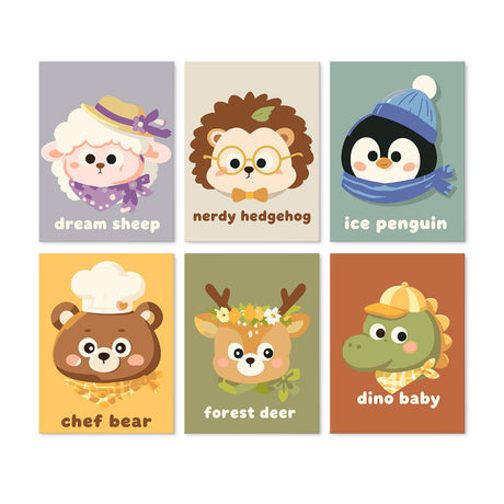 Nerdy Hedgehog and Friends mini board kit – Cartoon sheep, hedgehog, penguin, bear, deer and dinosaur in hats, glasses and scarves with name labels