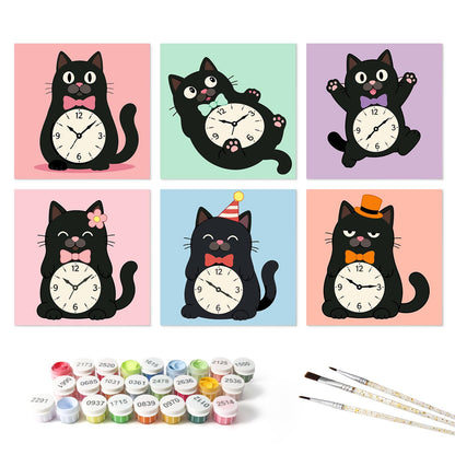 Tick-Tock Cats in Bow Ties mini board kit – the 6 designs with the paint pots and brushes