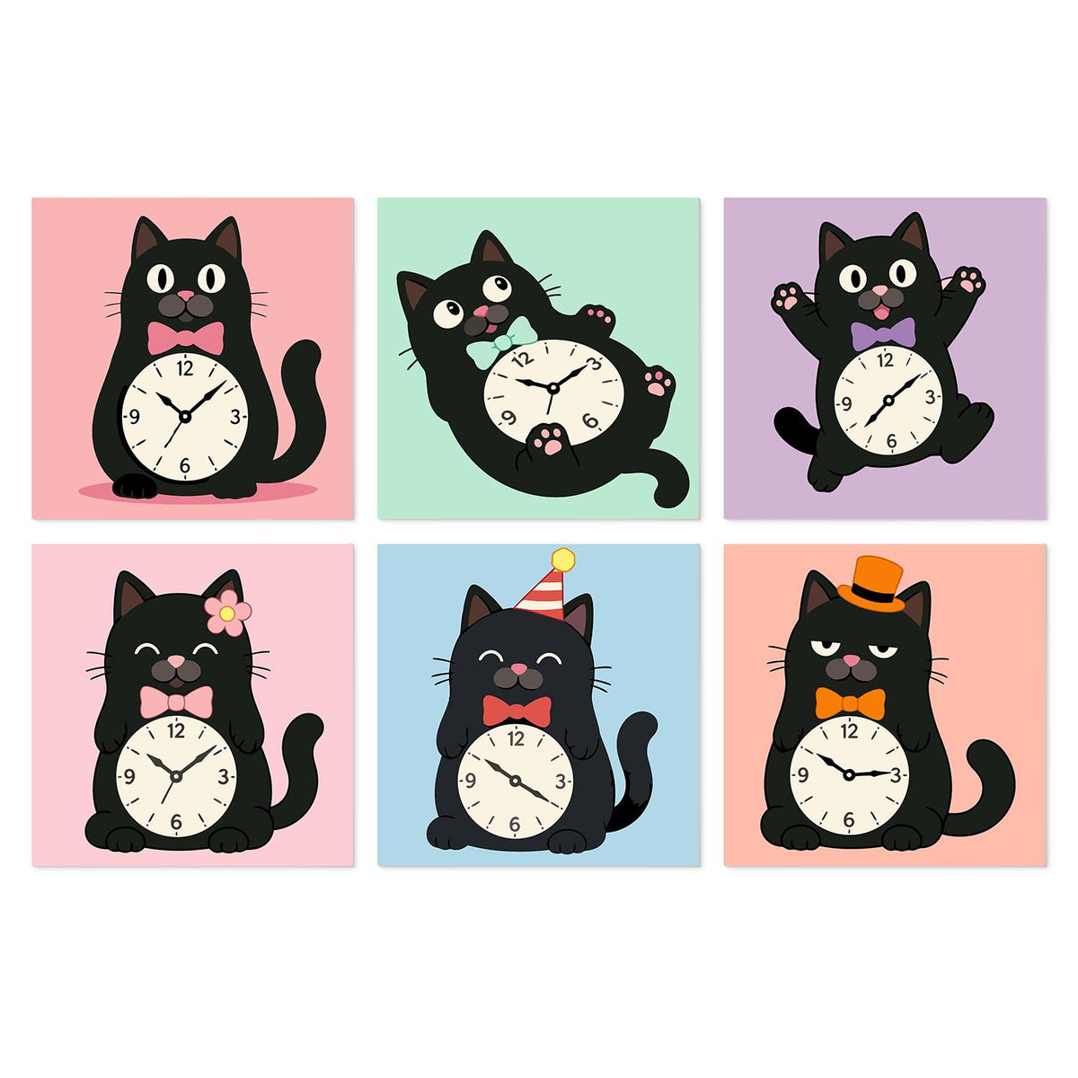 Tick-Tock Cats in Bow Ties mini board kit – Black cartoon cats hugging white clock faces, wearing bow ties, a witch hat, party hat and orange top hat