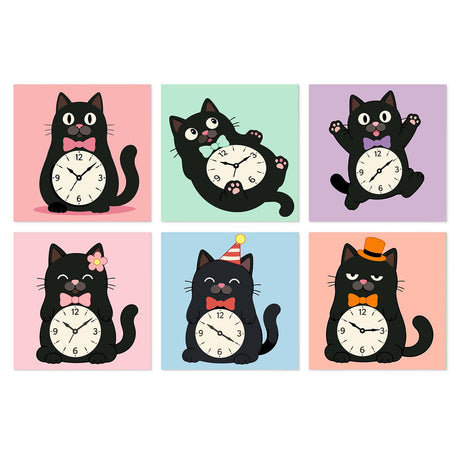 Tick-Tock Cats in Bow Ties mini board kit – Black cartoon cats hugging white clock faces, wearing bow ties, a witch hat, party hat and orange top hat