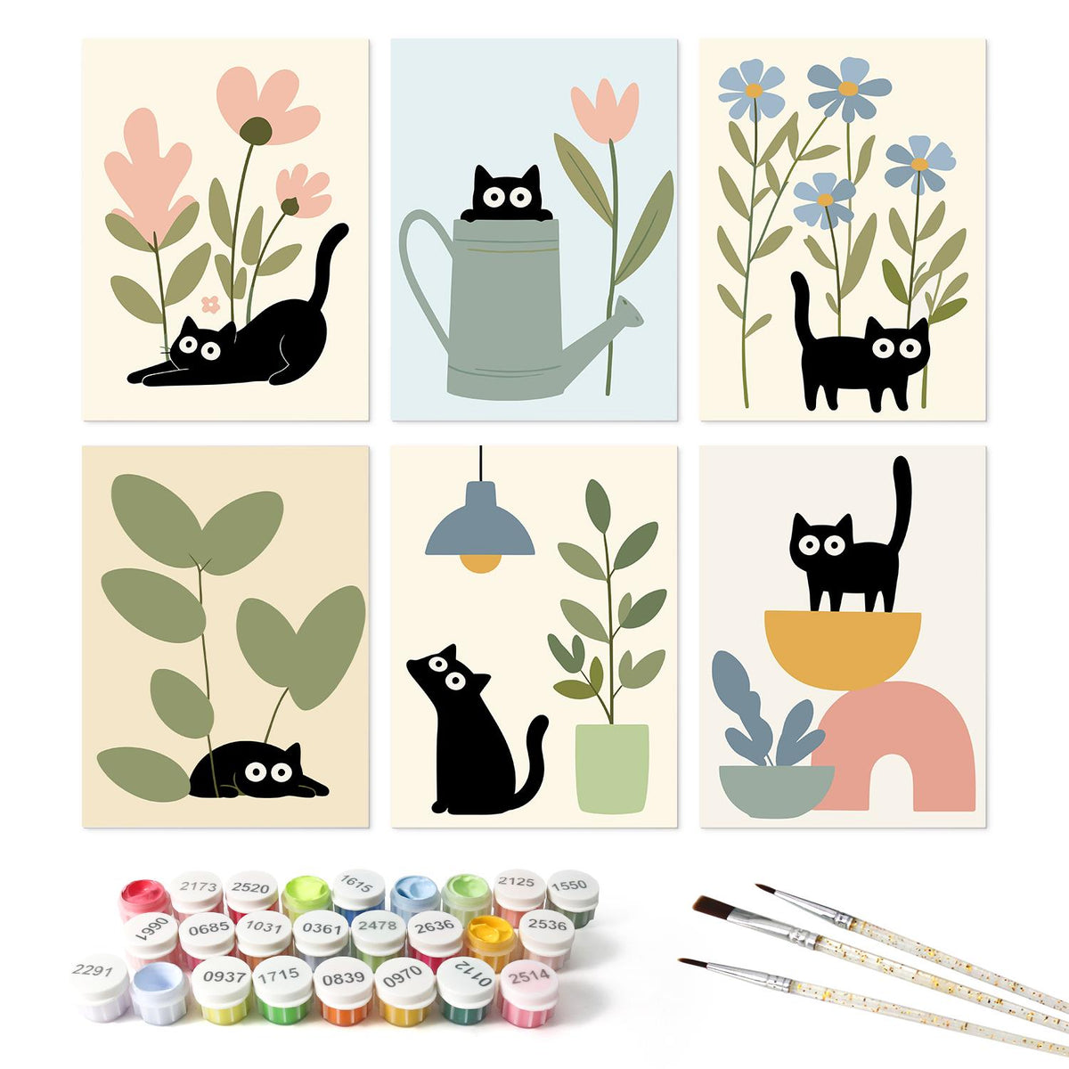 Black Cats Among Houseplants mini board kit – the 6 designs with the paint pots and brushes