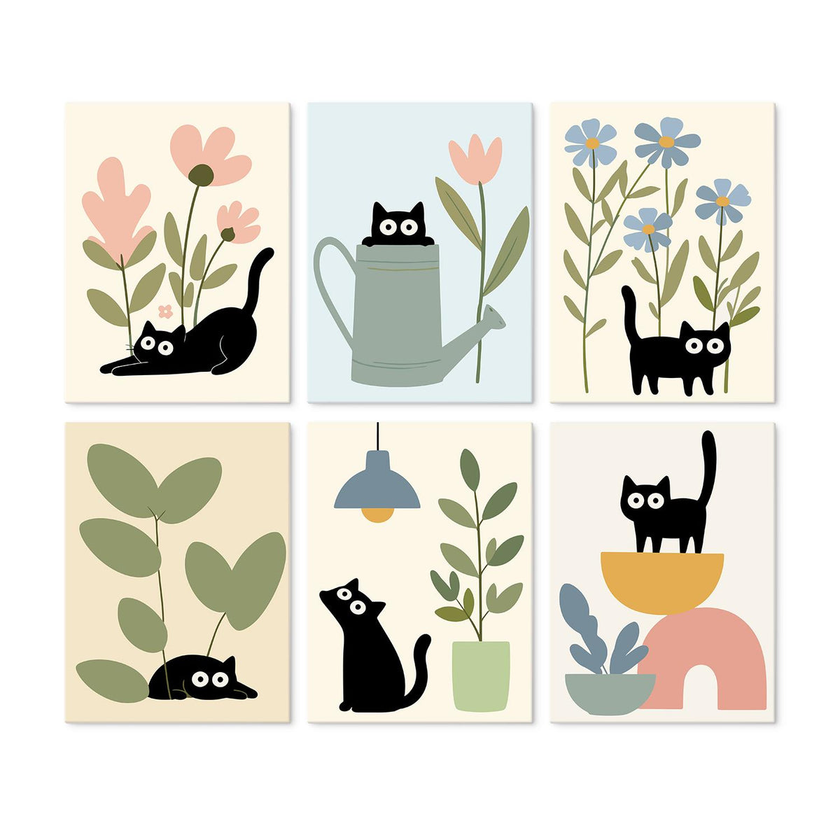 Black Cats Among Houseplants mini board kit – Black cats peeking from pink flowers, a watering can, blue blooms, leafy plants and a potted vase on cream