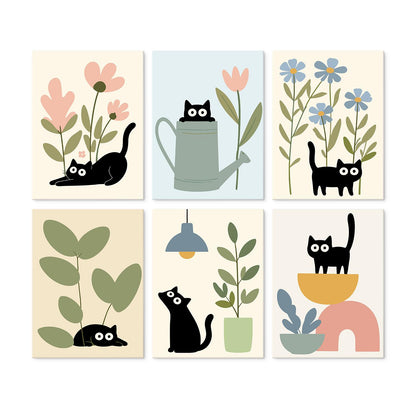 Black Cats Among Houseplants mini board kit – Black cats peeking from pink flowers, a watering can, blue blooms, leafy plants and a potted vase on cream