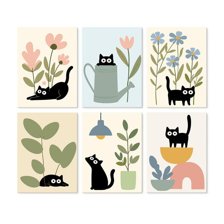 Black Cats Among Houseplants mini board kit – Black cats peeking from pink flowers, a watering can, blue blooms, leafy plants and a potted vase on cream