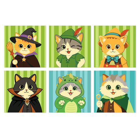 Costumed Cats on Stripes mini board kit – Cartoon cats in costumes: witch, green feathered cap, bow tie and hat, vampire cape, dinosaur hoodie and cloak