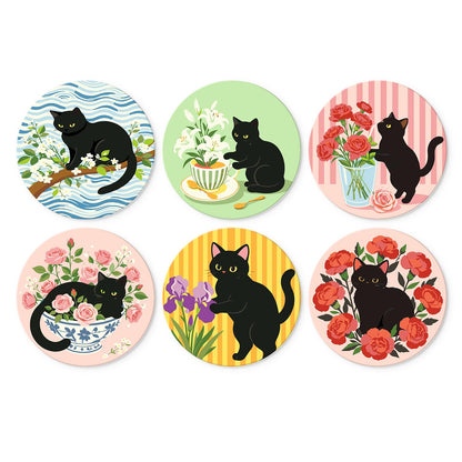 Black Cats Among the Roses mini board kit – Black cats with flowers: blossom branch, lilies in a teacup, red roses, a blue bowl, irises and a rose bush