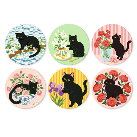 Black Cats Among the Roses mini board kit – Black cats with flowers: blossom branch, lilies in a teacup, red roses, a blue bowl, irises and a rose bush